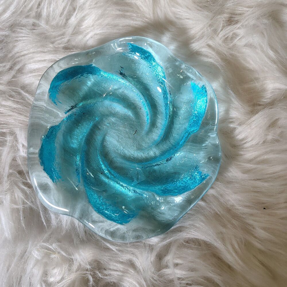 Vintage Fenton MCM Aqua Blue Swirl Ashtray Candy Trinket Dish Heavy Art Glass